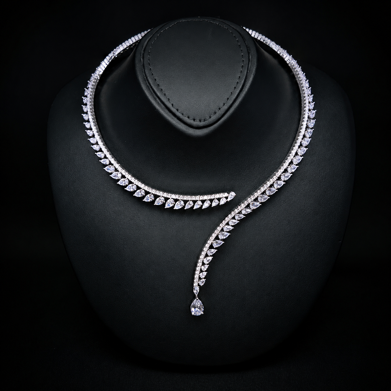 Durre Catalina White Cascading Leaf Bridal Jewelry Set with Premium Zircon Stones & Rhodium Finish