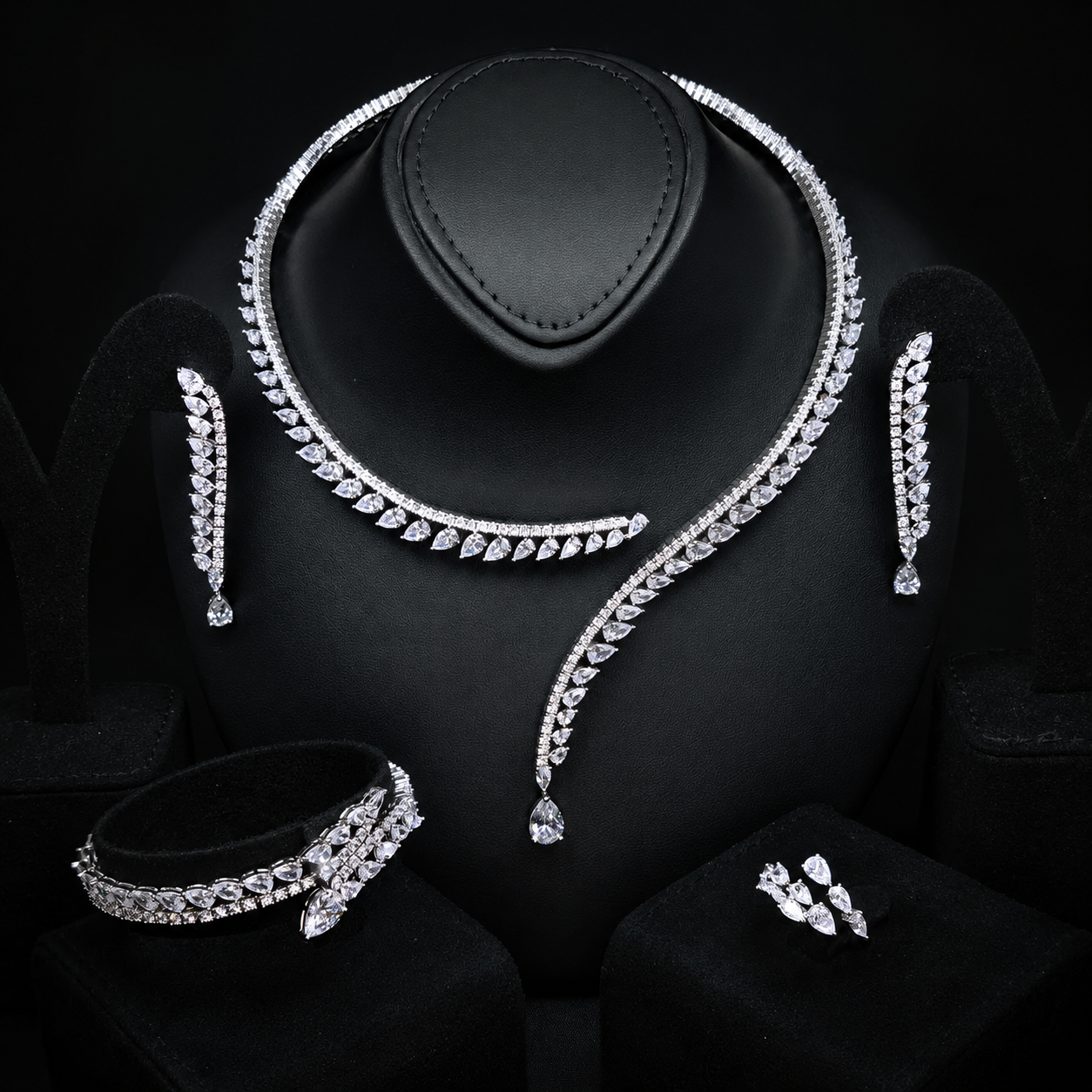 Durre Catalina White Cascading Leaf Bridal Jewelry Set with Premium Zircon Stones & Rhodium Finish