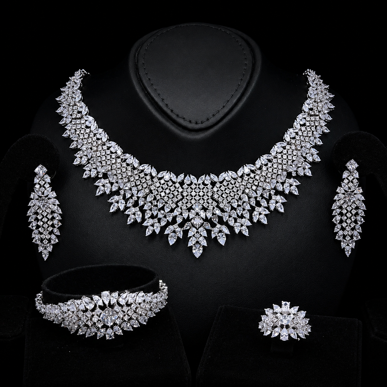 Durre White Luxury Bridal Full Set with High-Quality Simulated Diamonds, Rhodium Plated