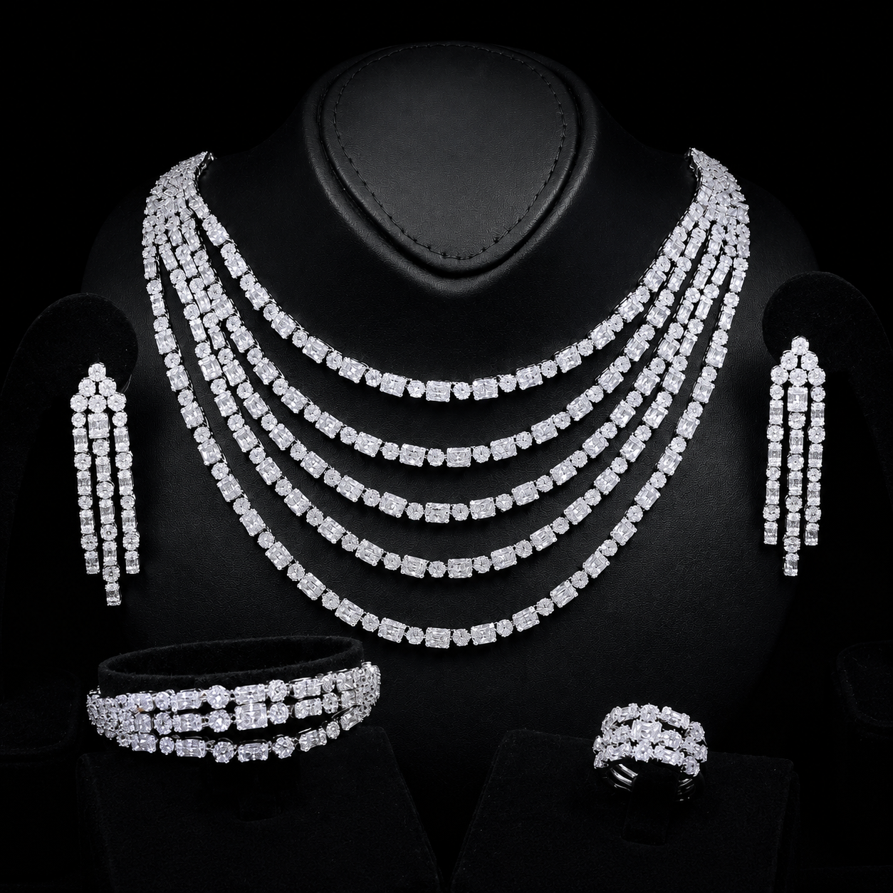 Durre Abby White Layered Luxury Bridal Full Set in High Quality Rhodium Plated Zircon Stones