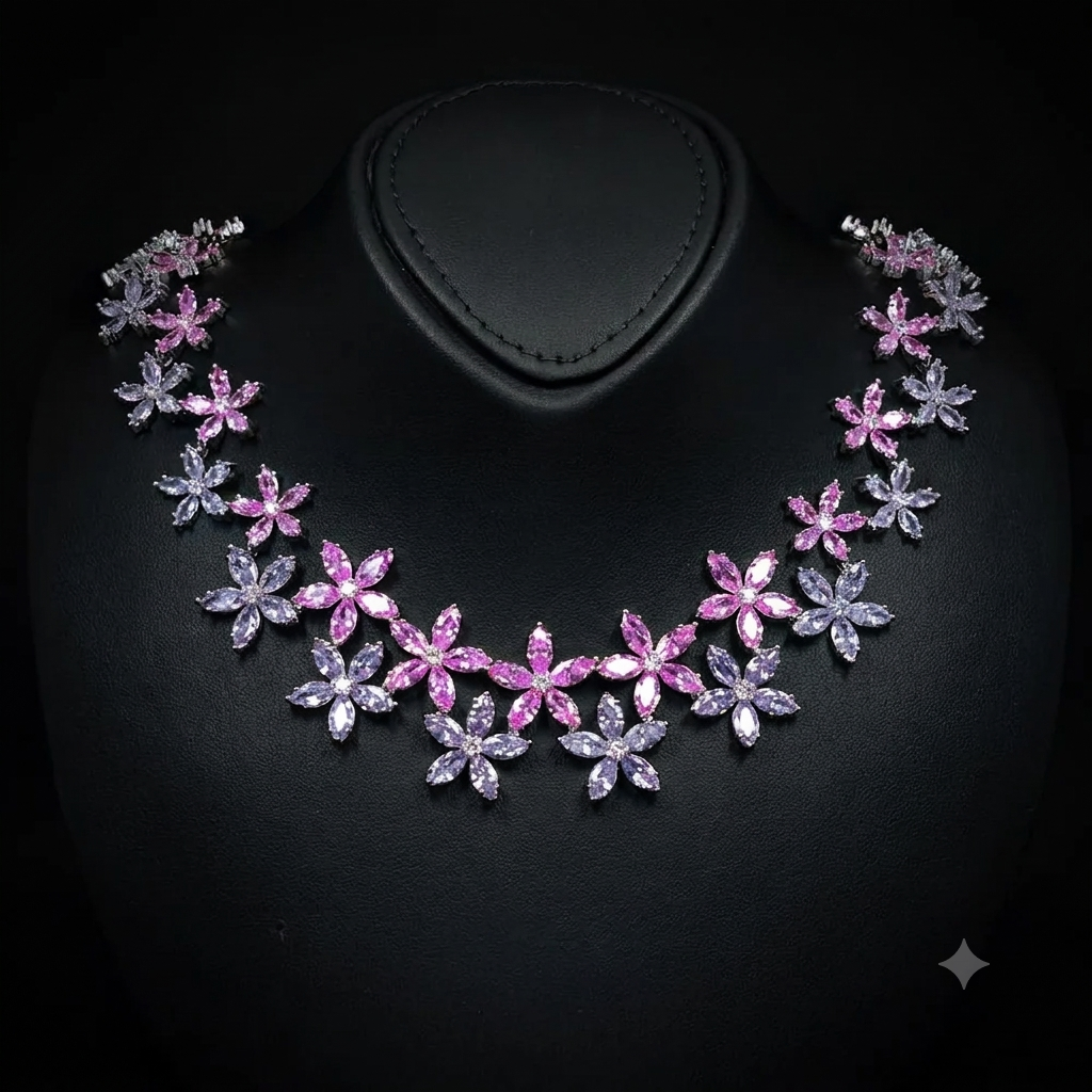 Durre Yusra Pink & Purple Bridal Jewelry Set with Premium Simulated Diamonds