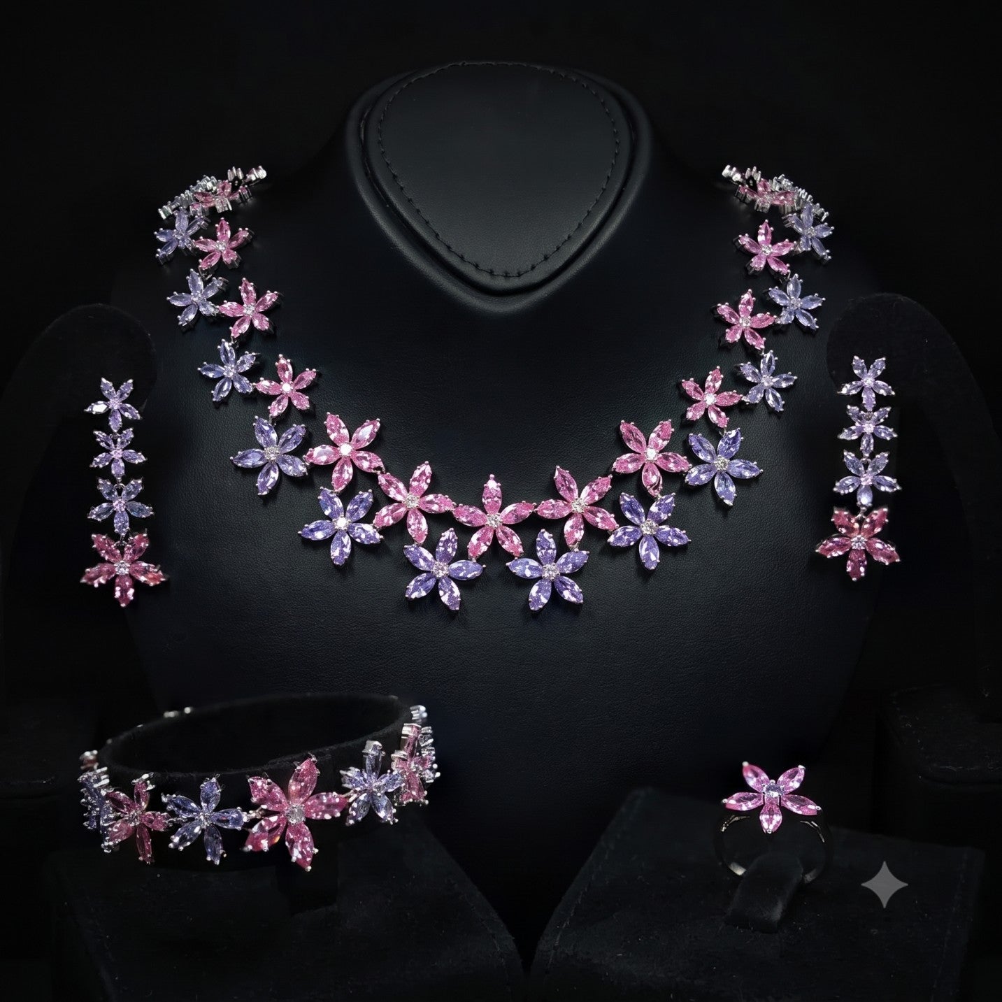 Durre Yusra Pink & Purple Bridal Jewelry Set with Premium Simulated Diamonds